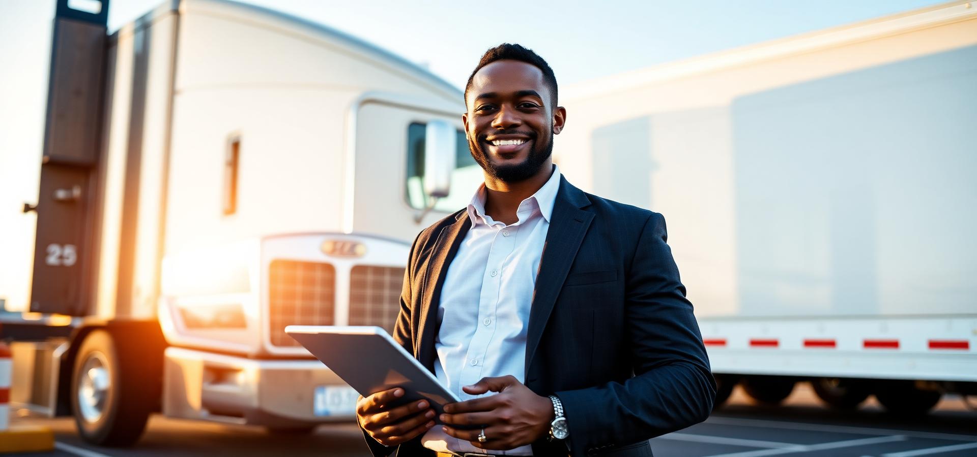 Professional dispatcher standing near a commercial truck at a logistics terminal