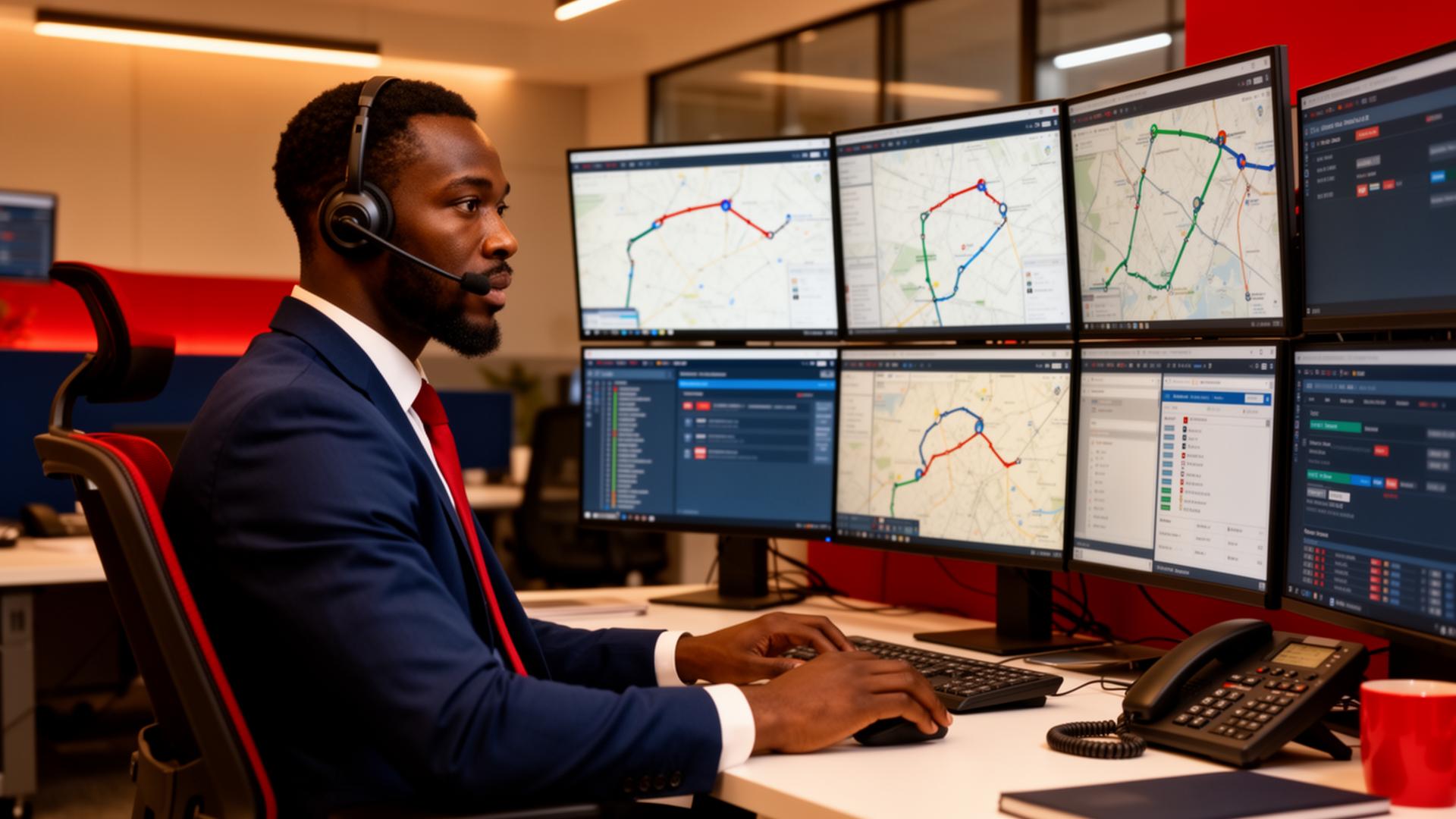 Truck dispatcher coordinating freight on multiple monitors