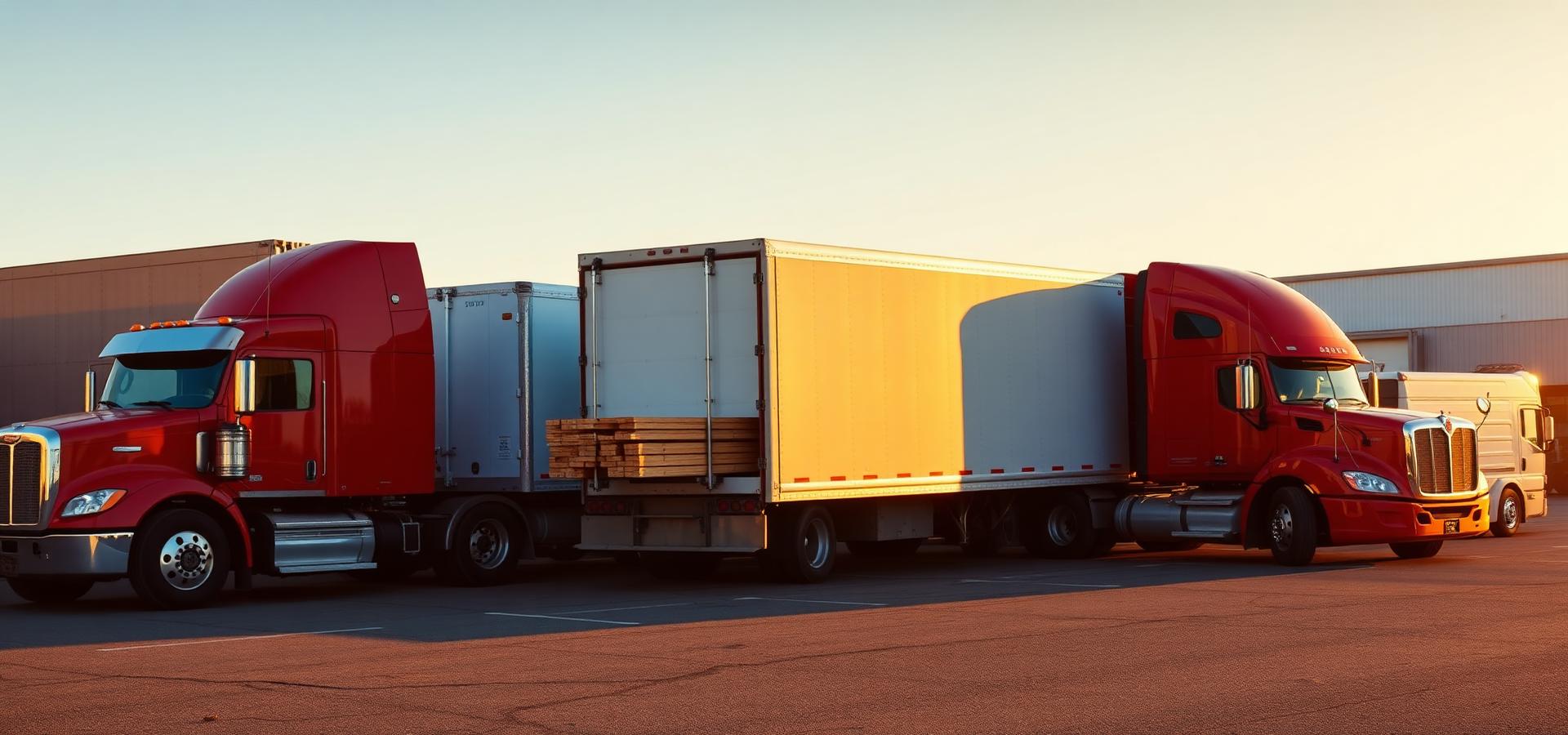 Lineup of commercial trucks and trailers at a freight yard at sunrise
