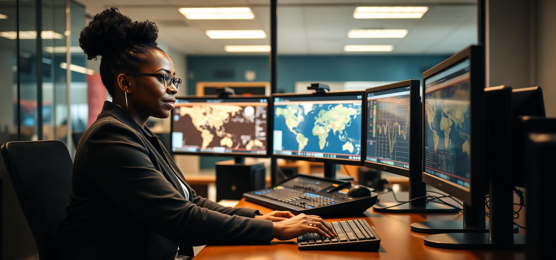 Dispatcher coordinating freight loads from a modern logistics office