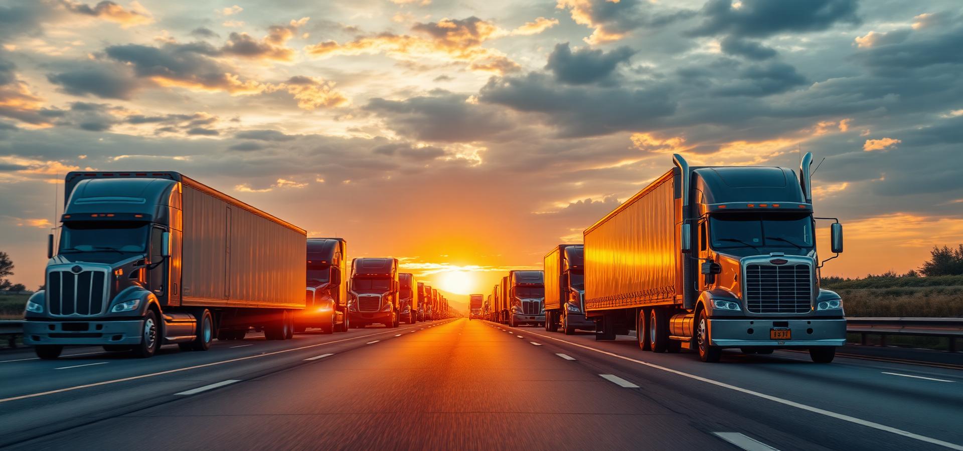 Semi-trucks lined up on a highway at sunrise representing freight logistics